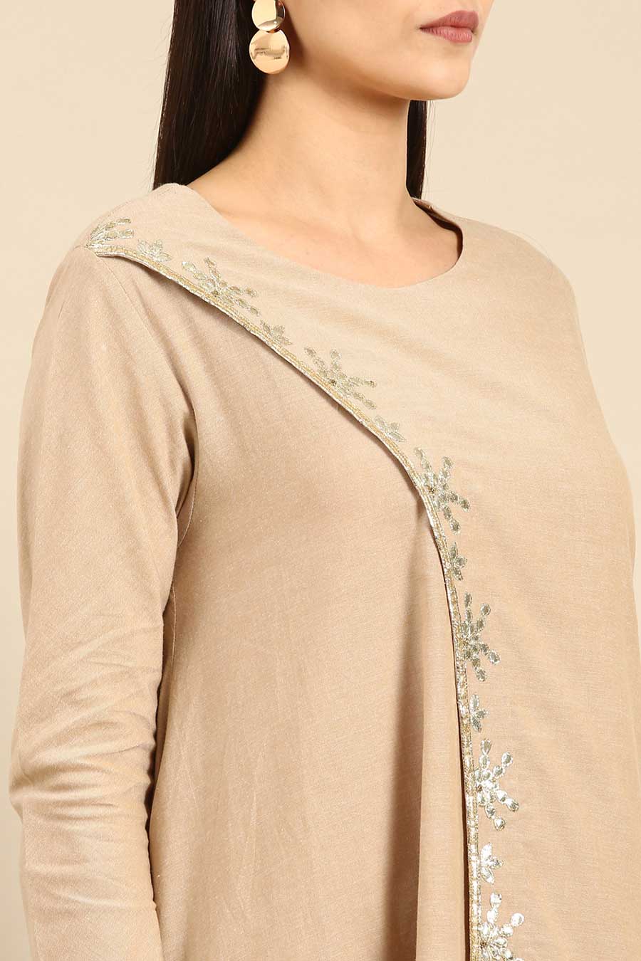 Beige Cotton Gota Embroidered Dress