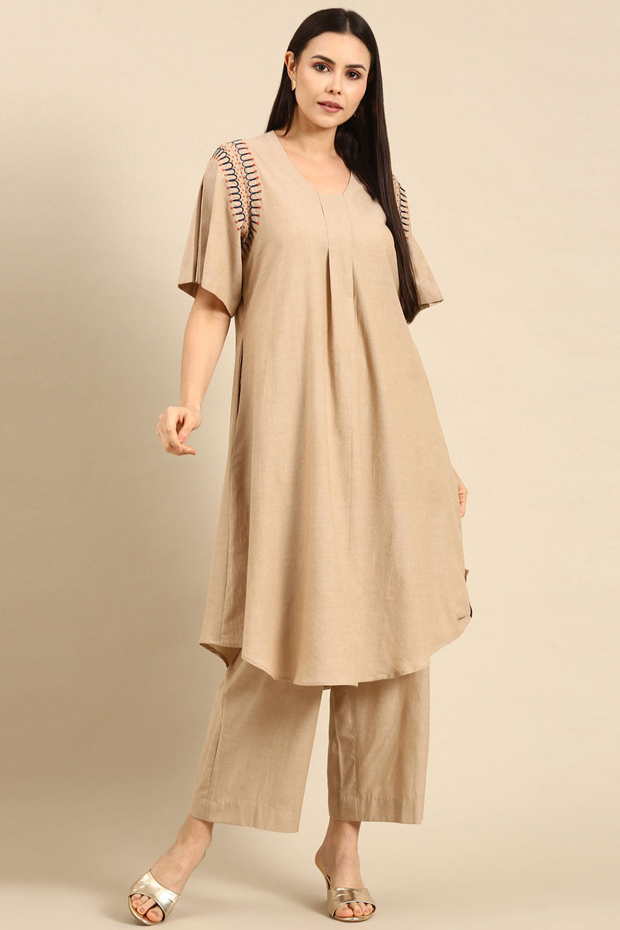 Beige Embroidered A-Line Tunic Dress