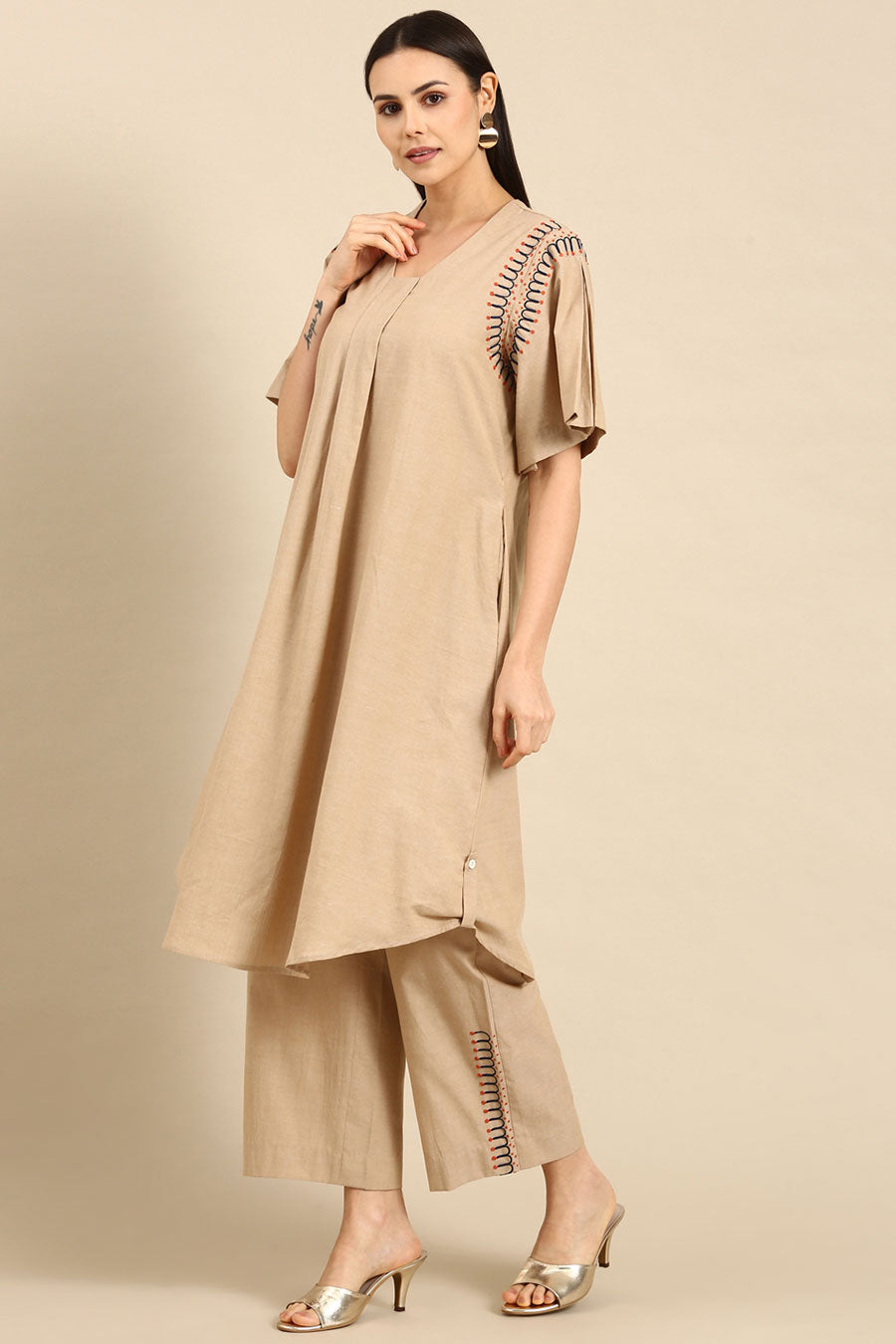 Beige Embroidered A-Line Tunic Dress