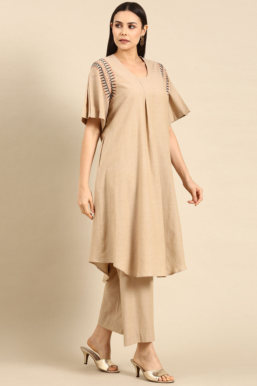 Beige Embroidered A-Line Tunic Dress