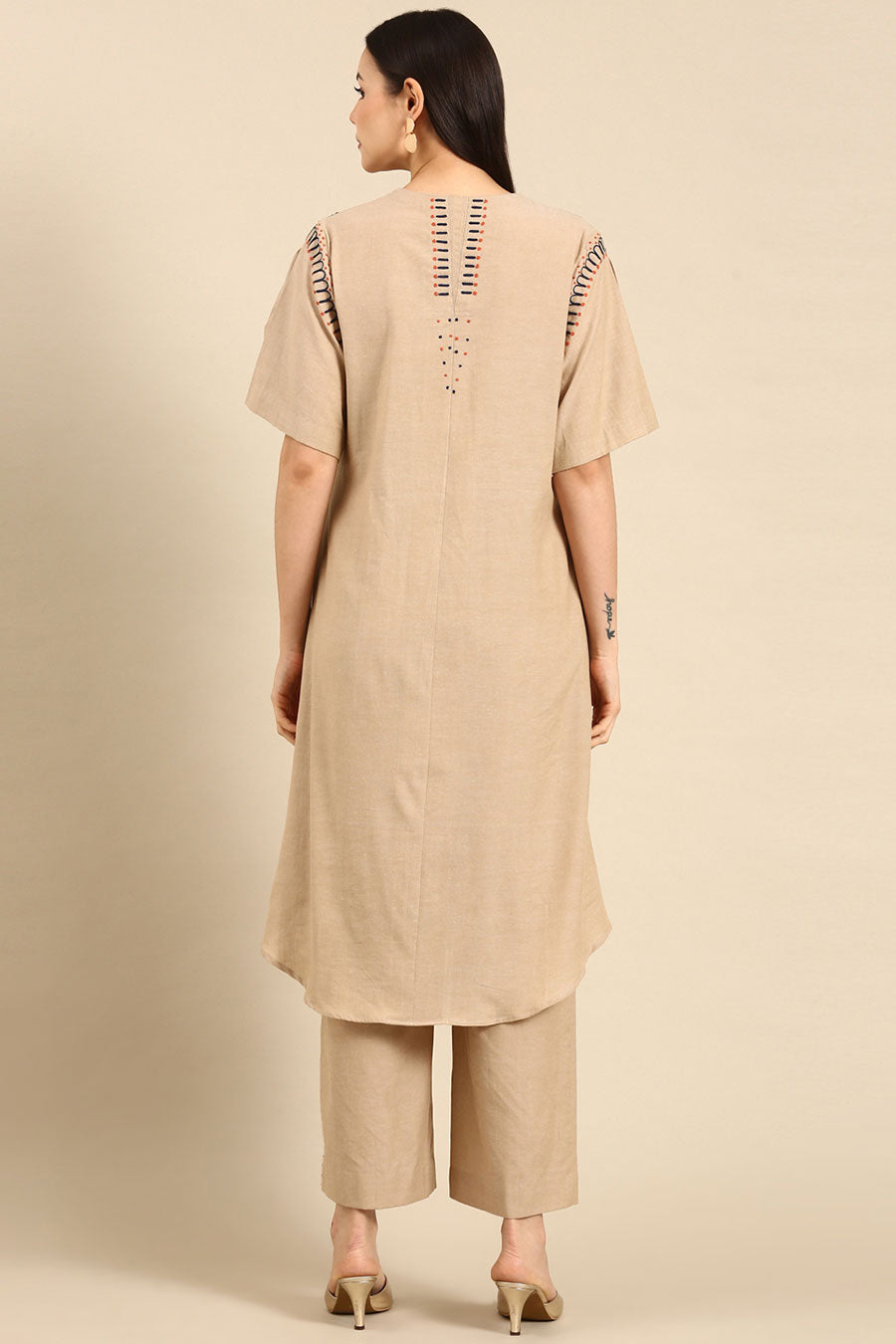 Beige Embroidered A-Line Tunic Dress