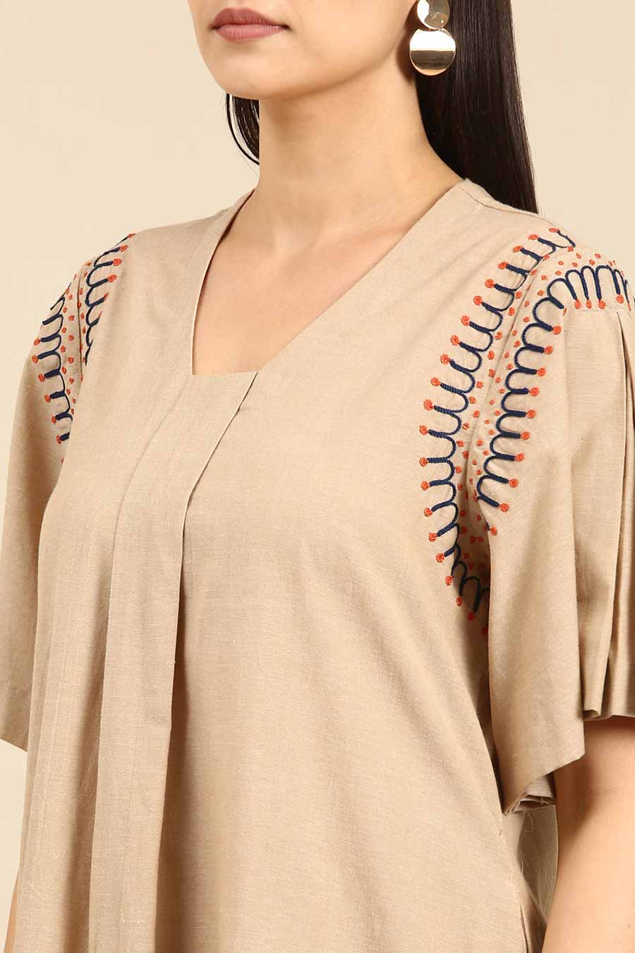 Beige Embroidered A-Line Tunic Dress