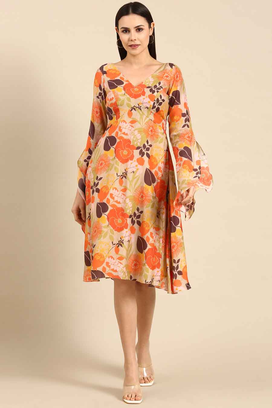 Orange Printed Muslin V-Neck Dress