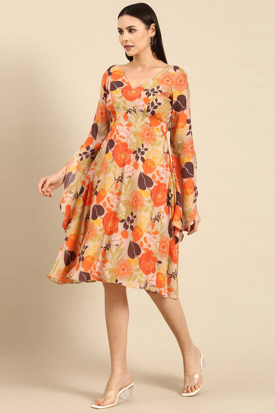 Orange Printed Muslin V-Neck Dress