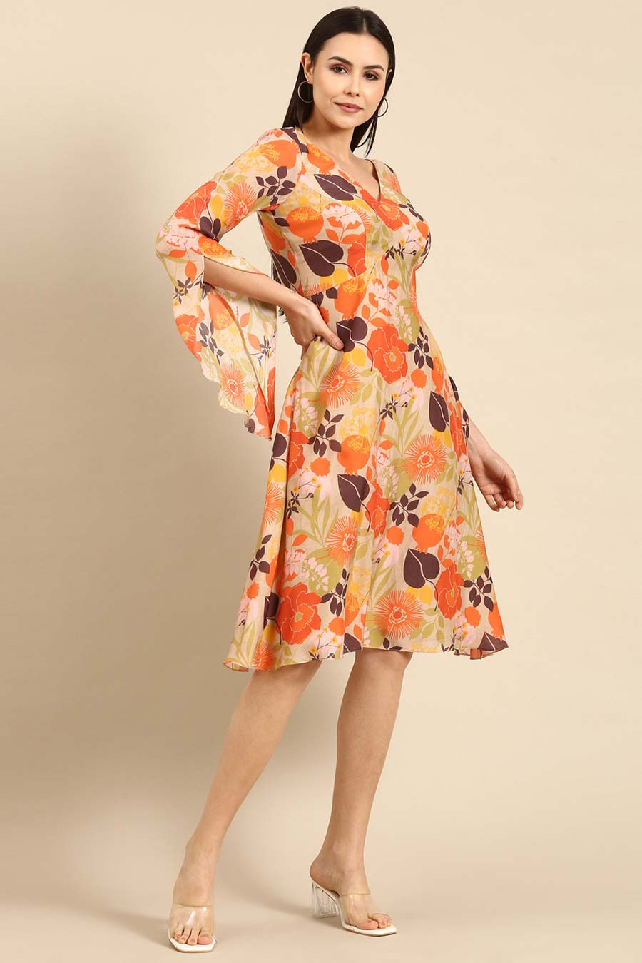 Orange Printed Muslin V-Neck Dress