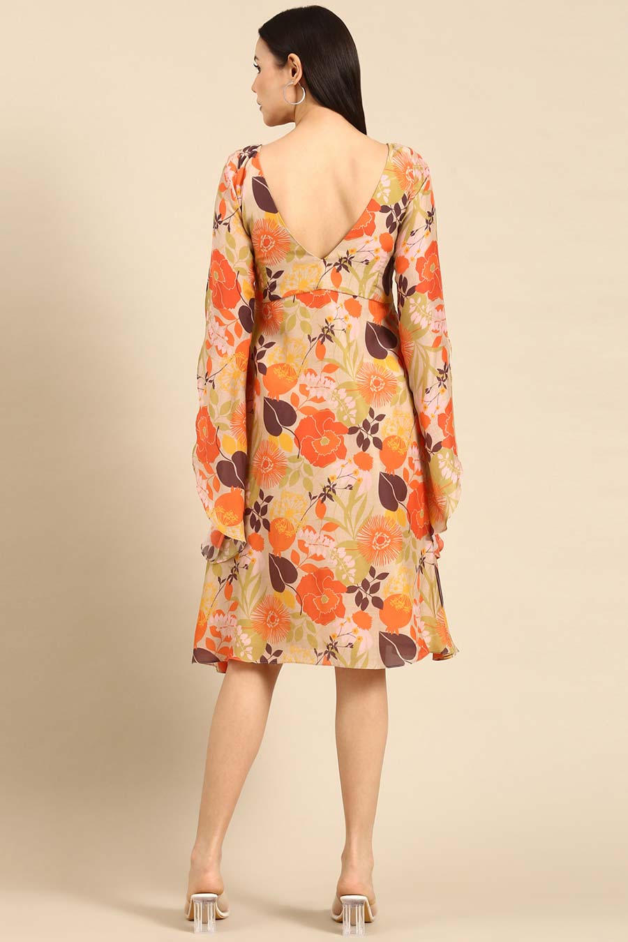 Orange Printed Muslin V-Neck Dress