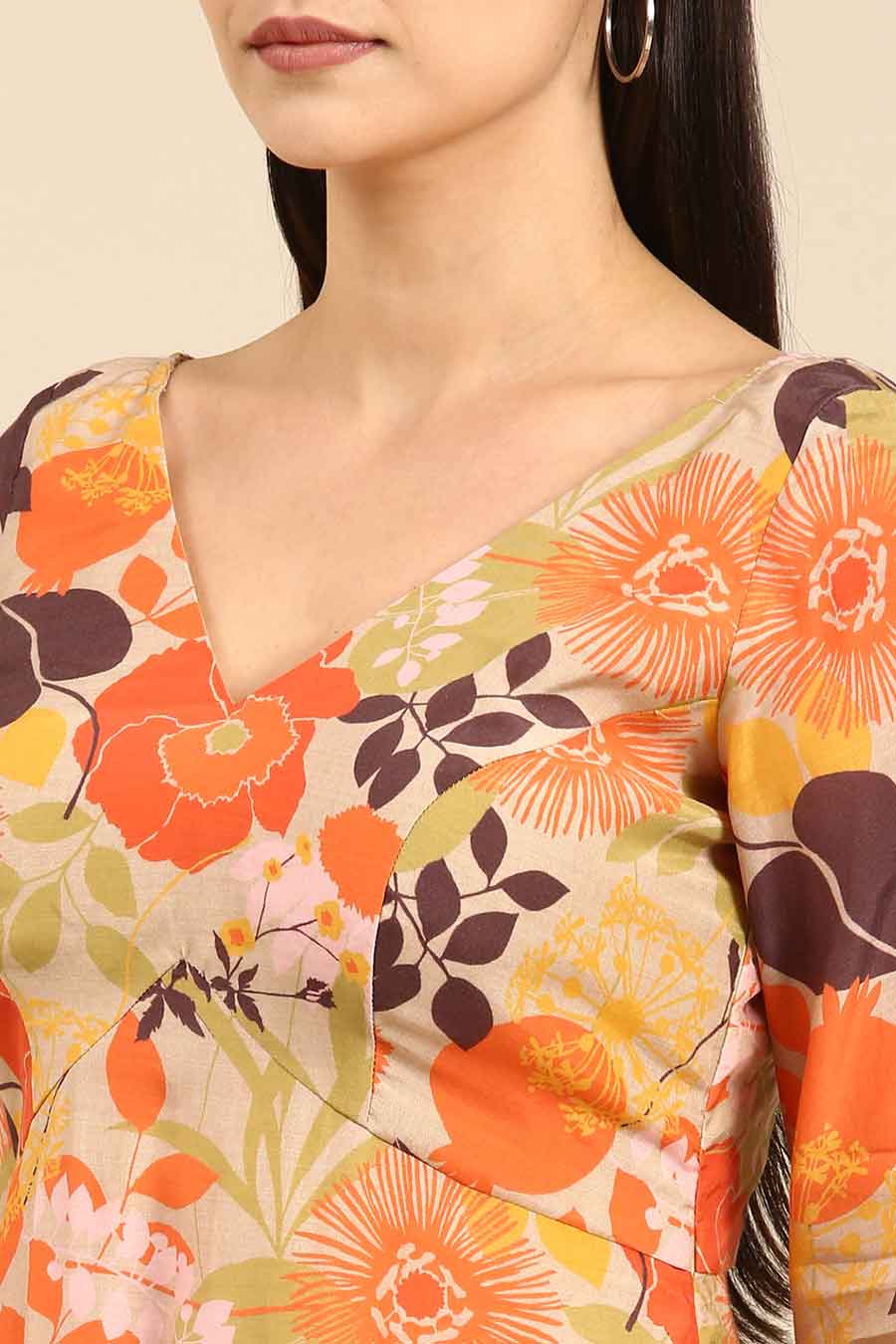 Orange Printed Muslin V-Neck Dress