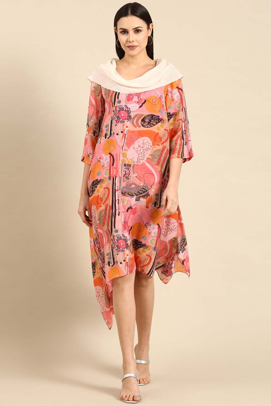 Pink Printed Muslin Cowl Neck Dress