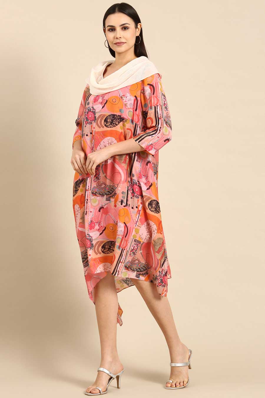 Pink Printed Muslin Cowl Neck Dress