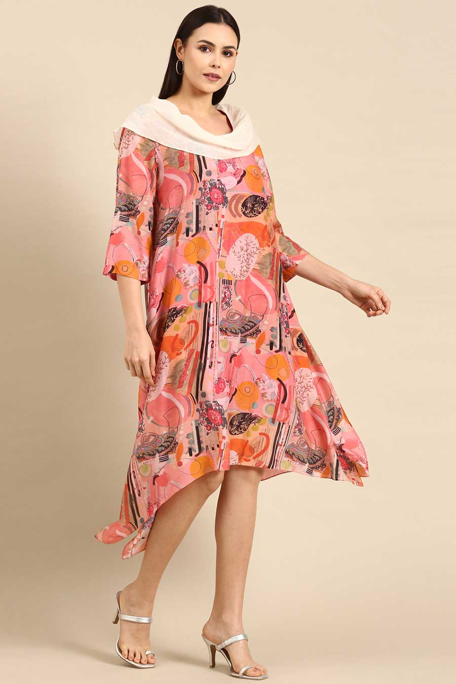 Pink Printed Muslin Cowl Neck Dress