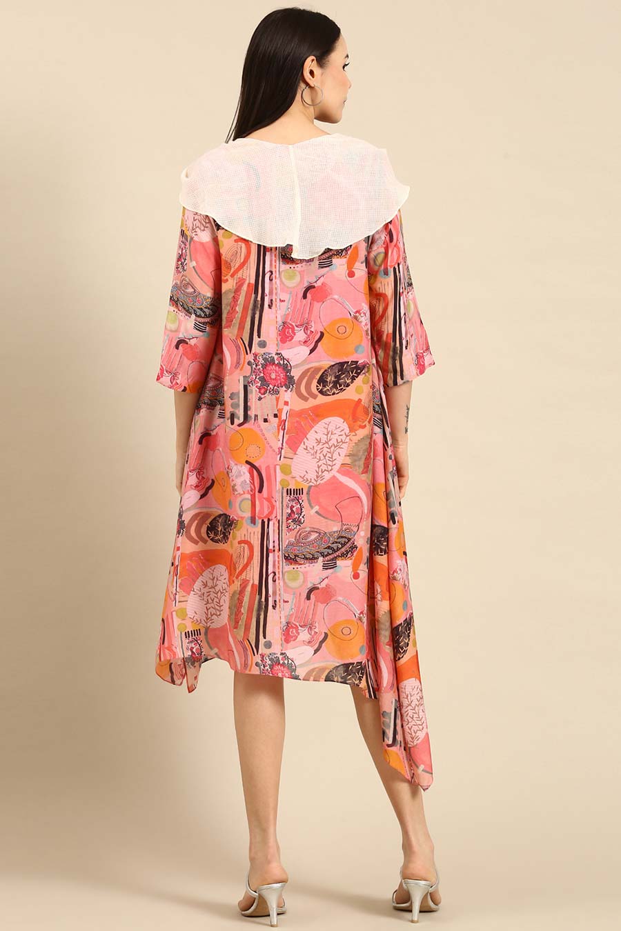 Pink Printed Muslin Cowl Neck Dress