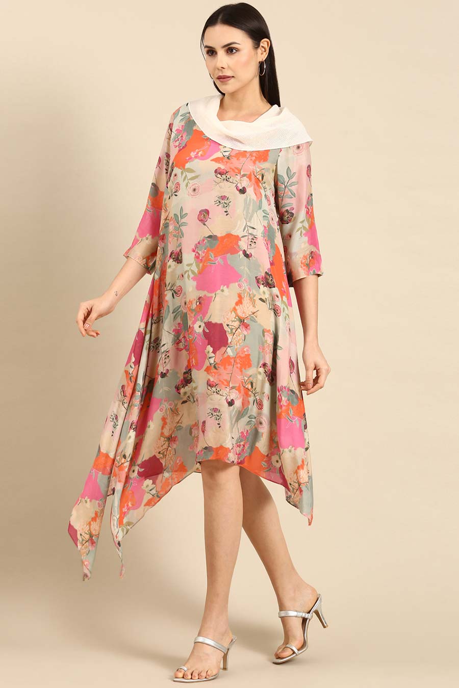 Pastel Printed Muslin Cowl Neck Dress
