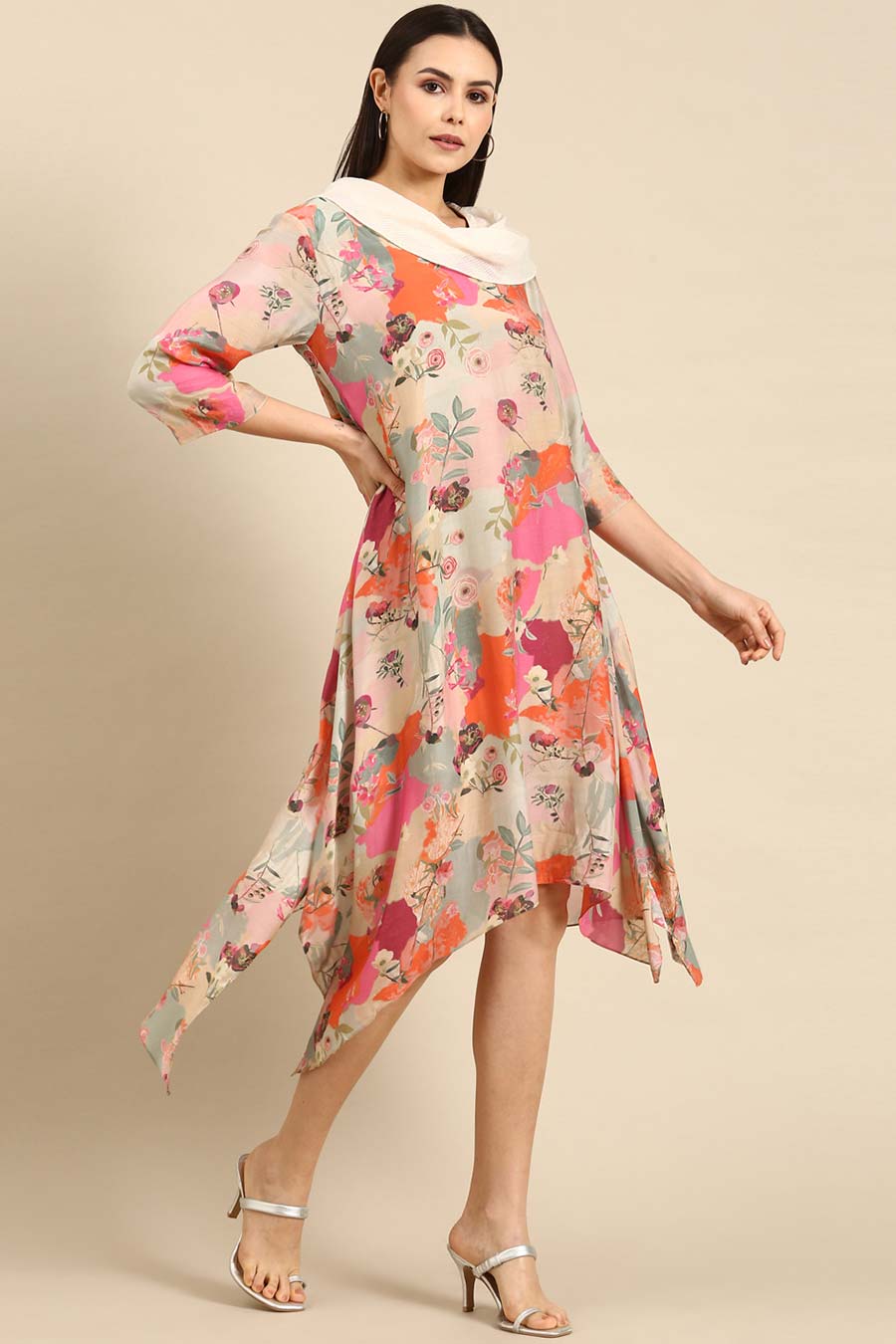 Pastel Printed Muslin Cowl Neck Dress