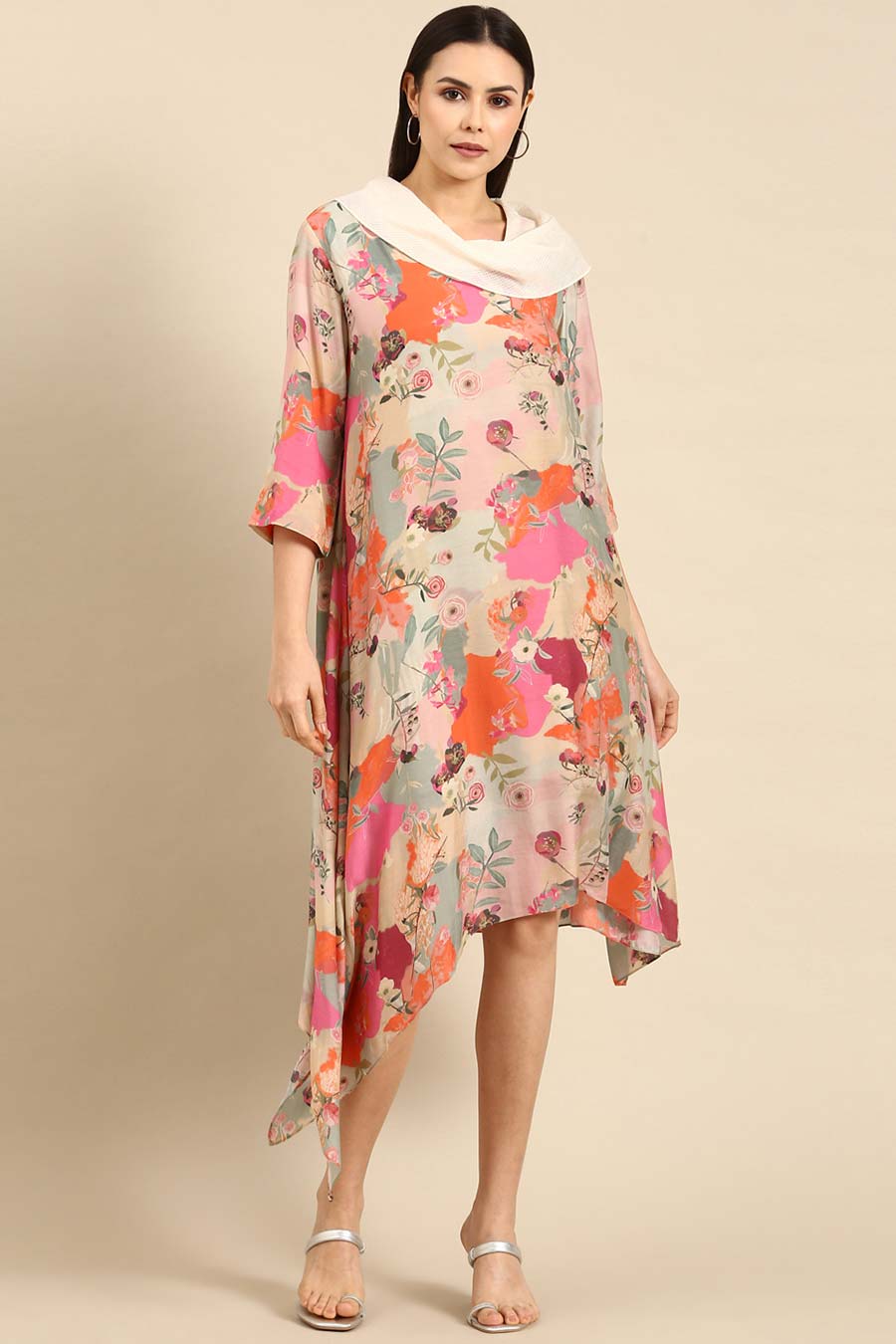 Pastel Printed Muslin Cowl Neck Dress