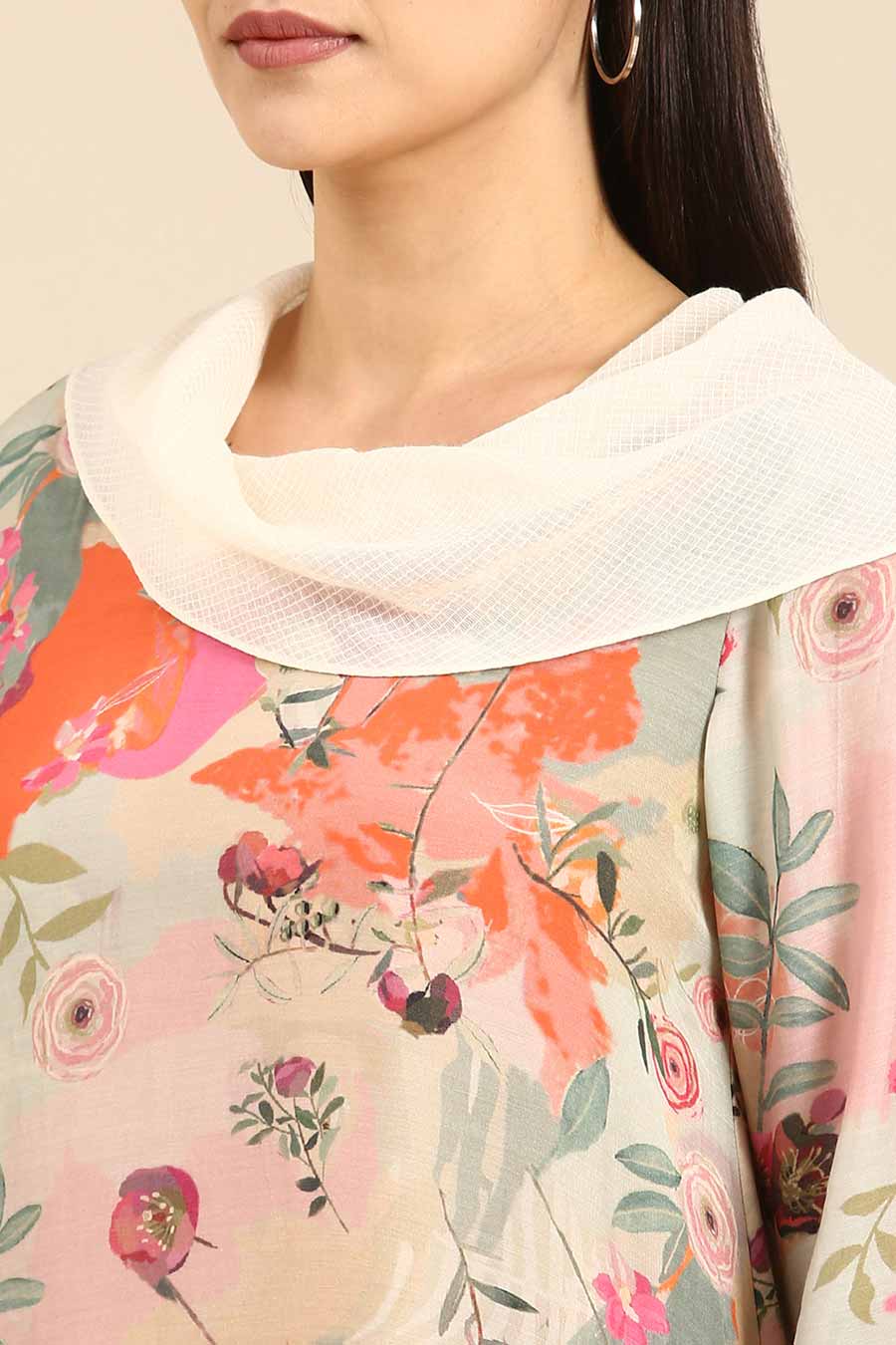 Pastel Printed Muslin Cowl Neck Dress