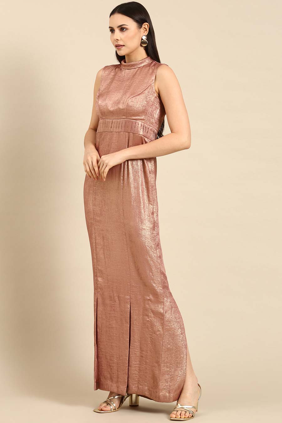 Pink Gold Foil Print Gown Dress