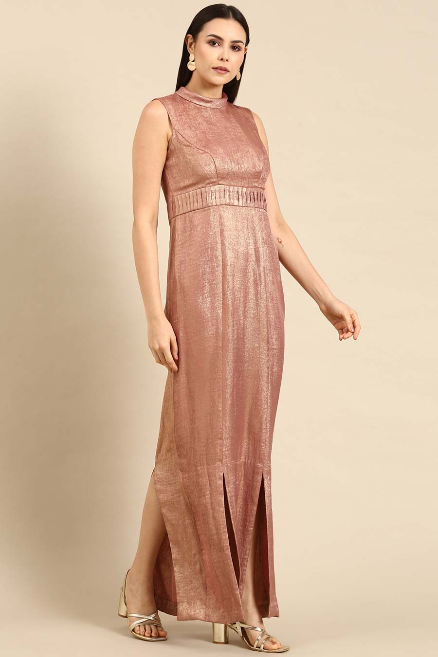 Pink Gold Foil Print Gown Dress