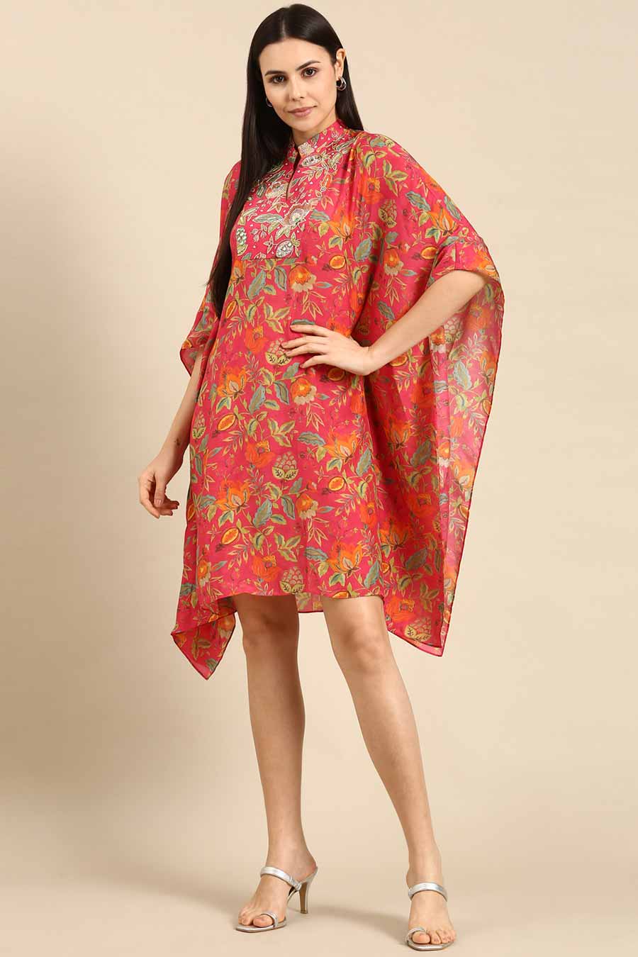 Pink Printed Muslin Kaftan Dress