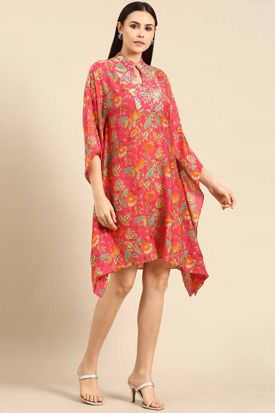 Pink Printed Muslin Kaftan Dress