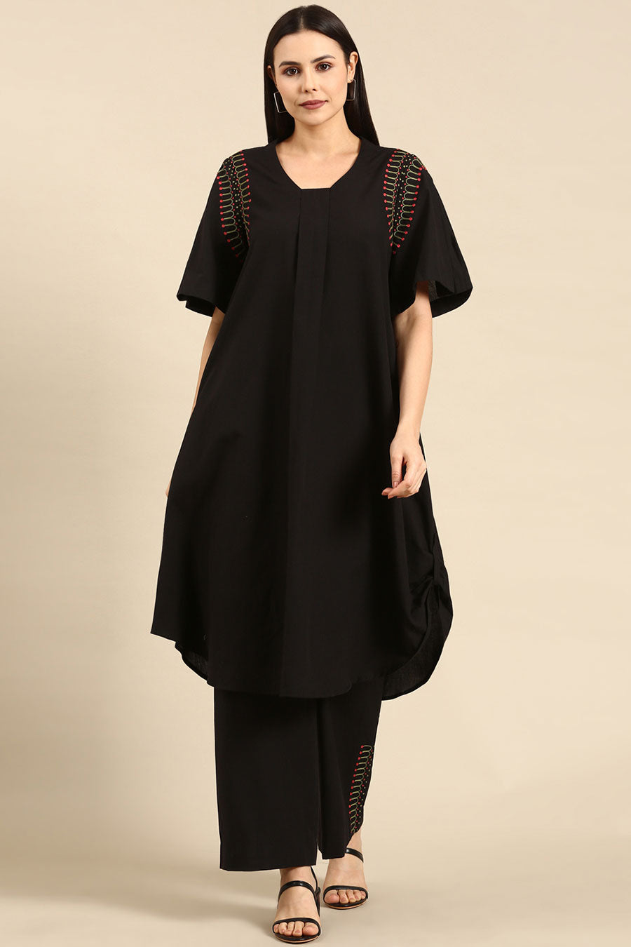 Black Cotton Embroidered A-Line Dress