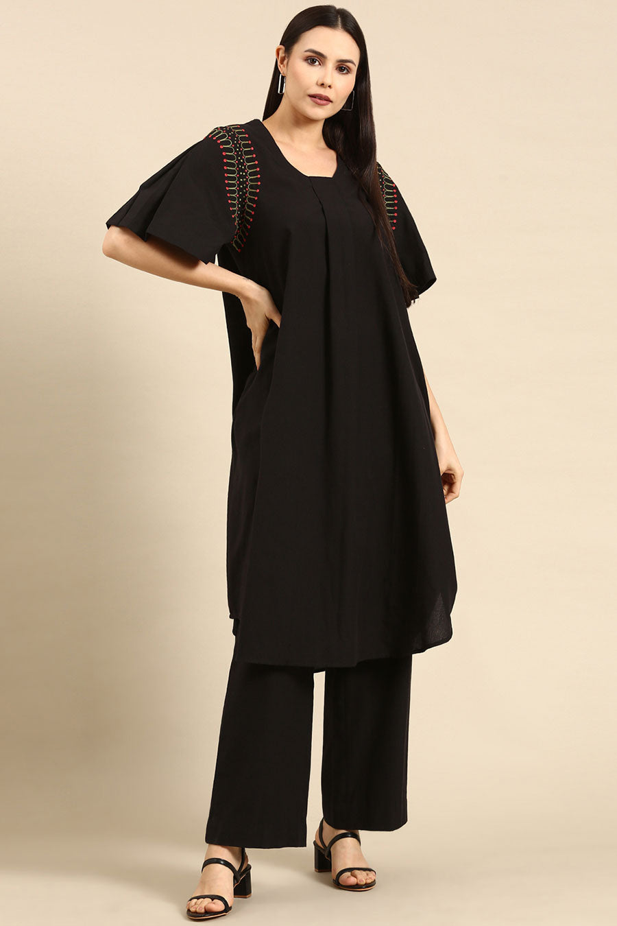 Black Cotton Embroidered A-Line Dress