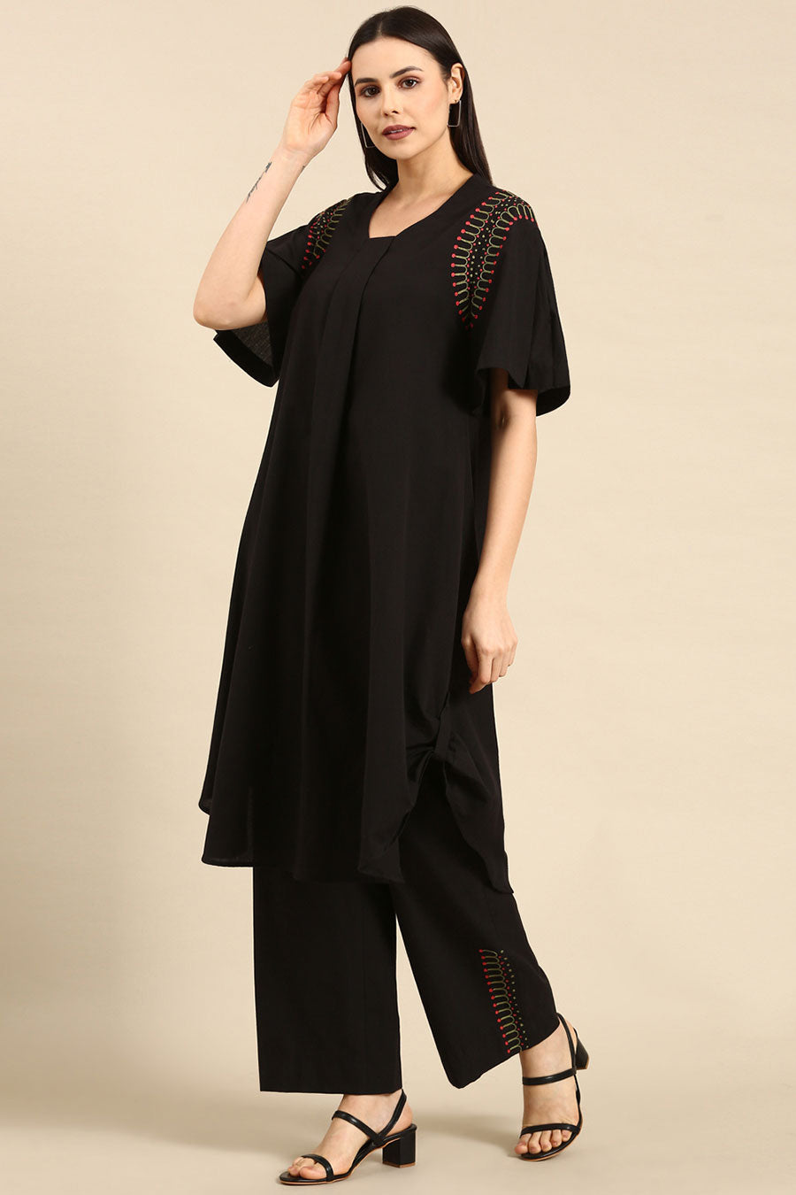 Black Cotton Embroidered A-Line Dress