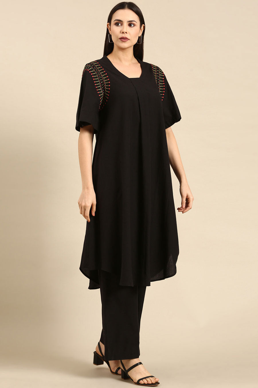 Black Cotton Embroidered A-Line Dress