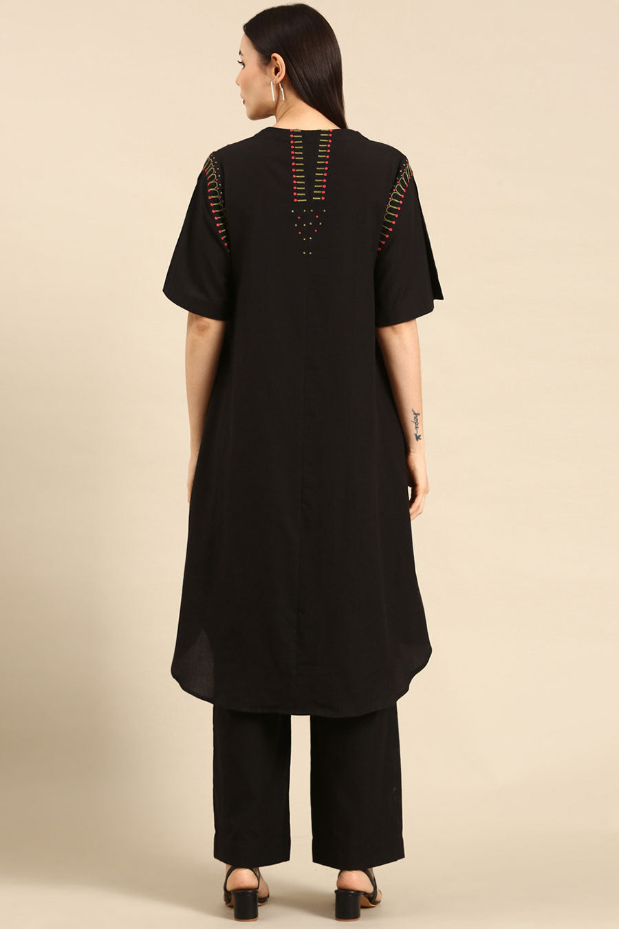 Black Cotton Embroidered A-Line Dress