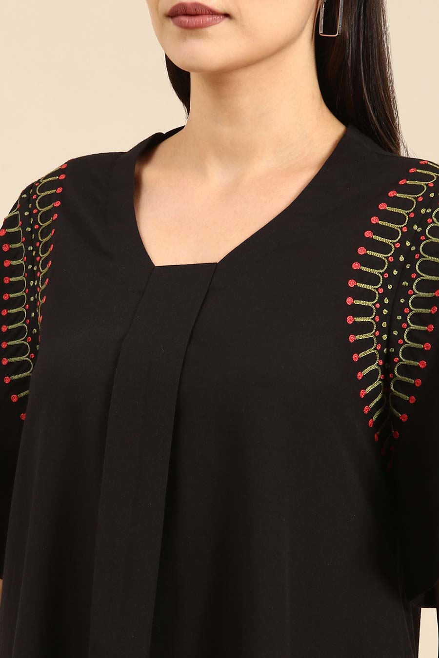 Black Cotton Embroidered A-Line Dress