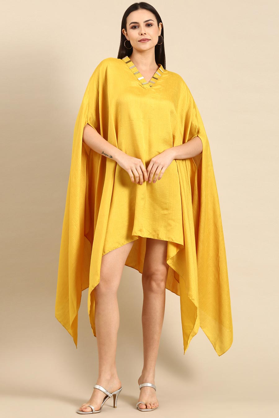 Yellow Slub Silk Kaftan Short Dress
