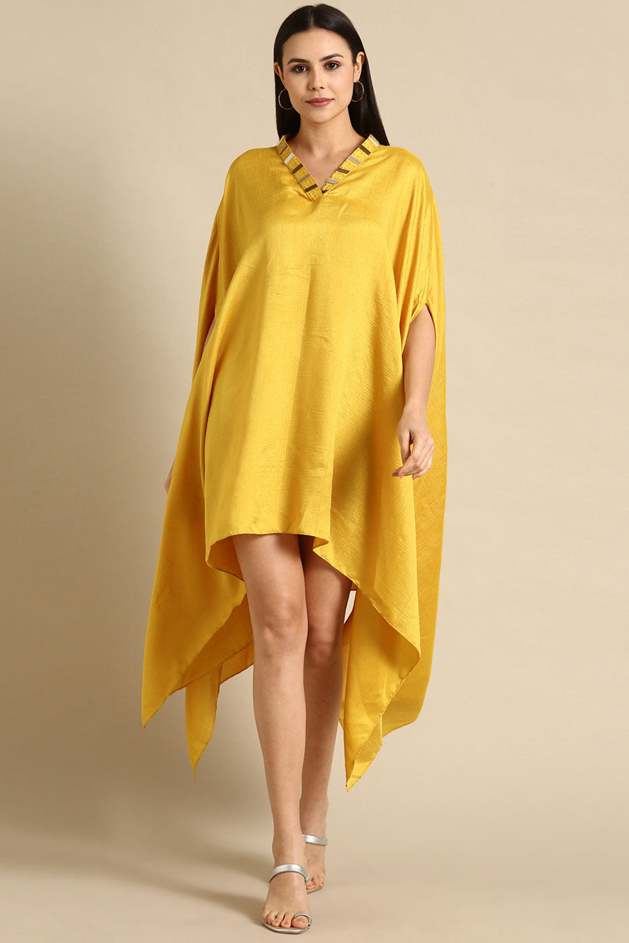 Yellow Slub Silk Kaftan Short Dress