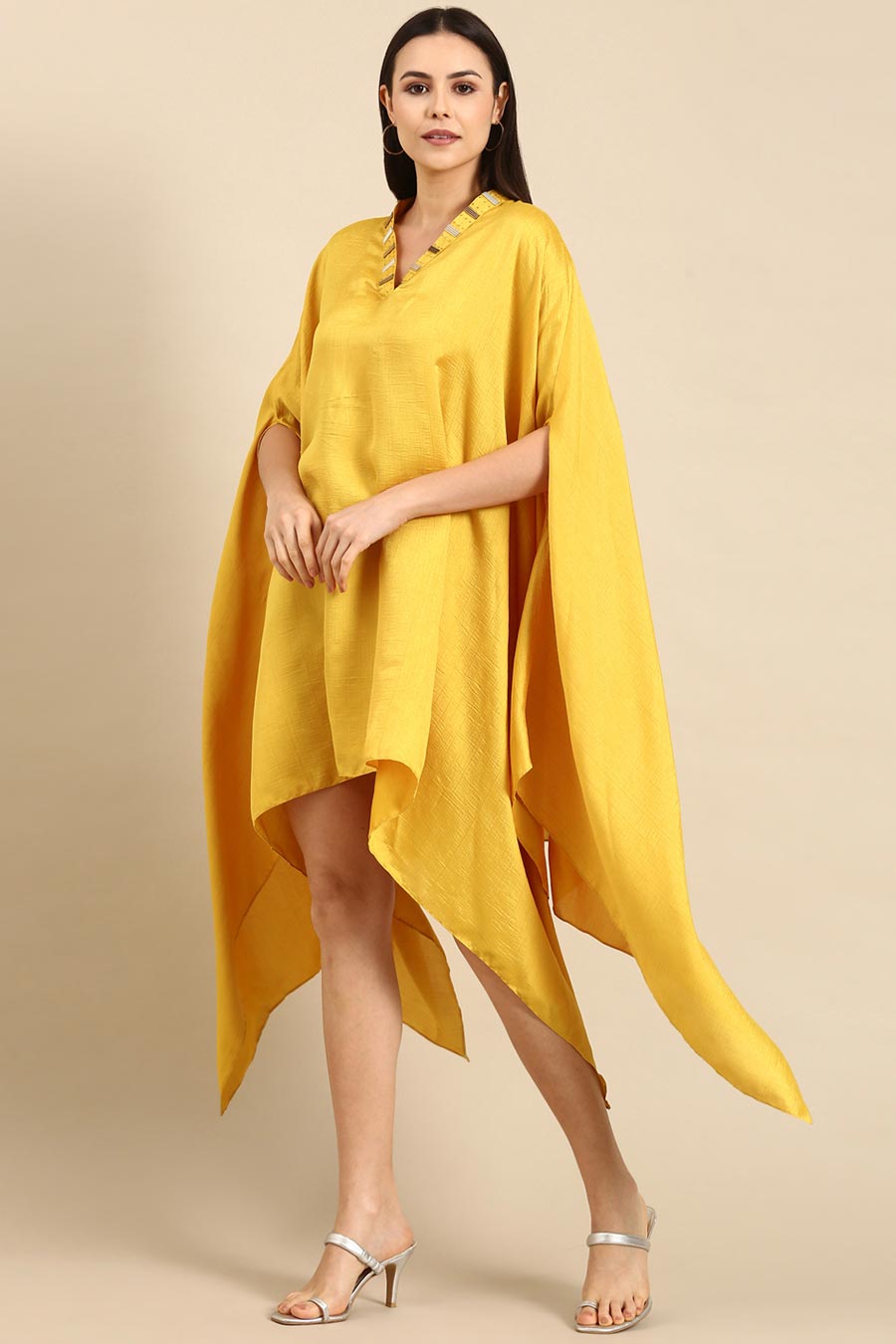 Yellow Slub Silk Kaftan Short Dress