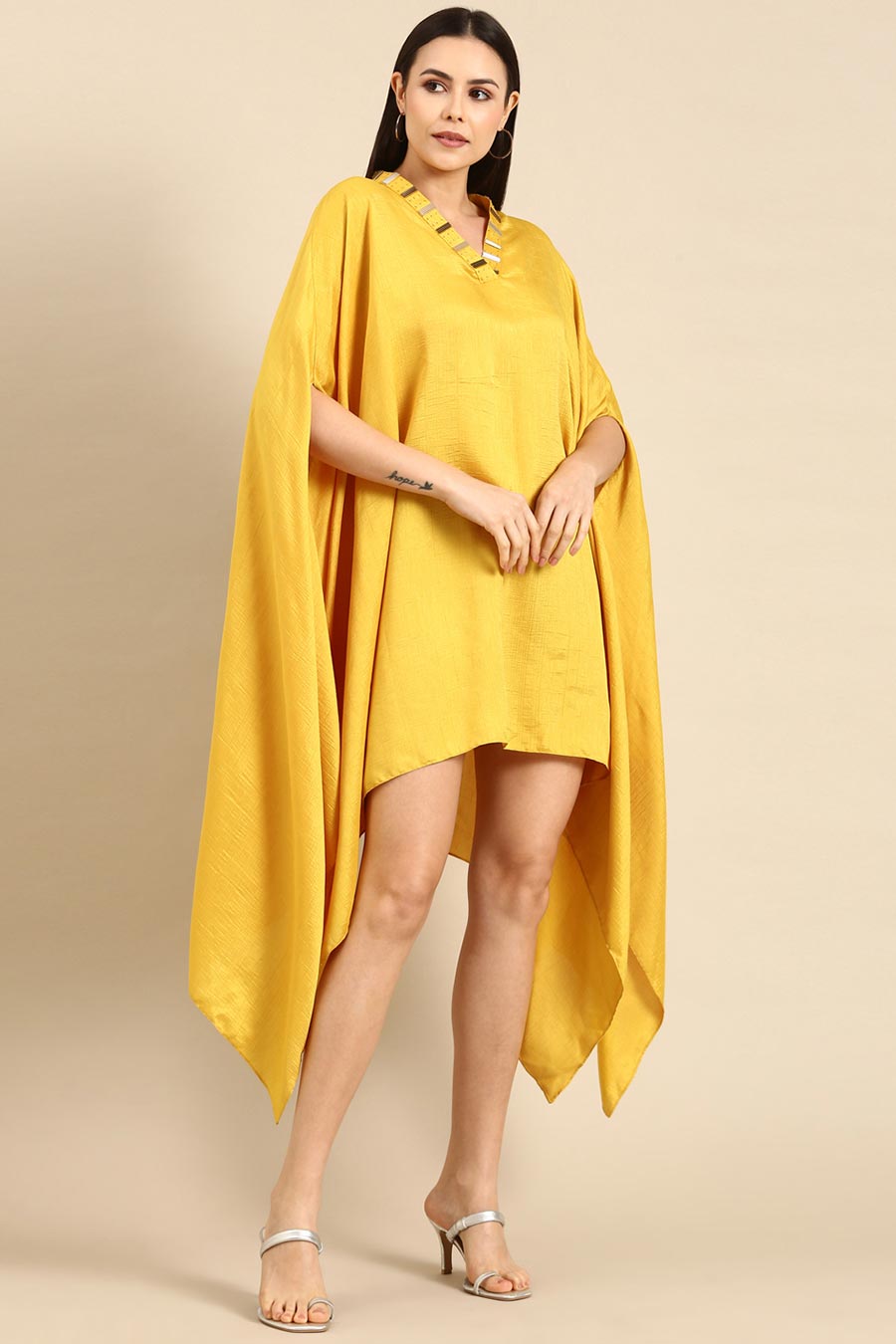 Yellow Slub Silk Kaftan Short Dress