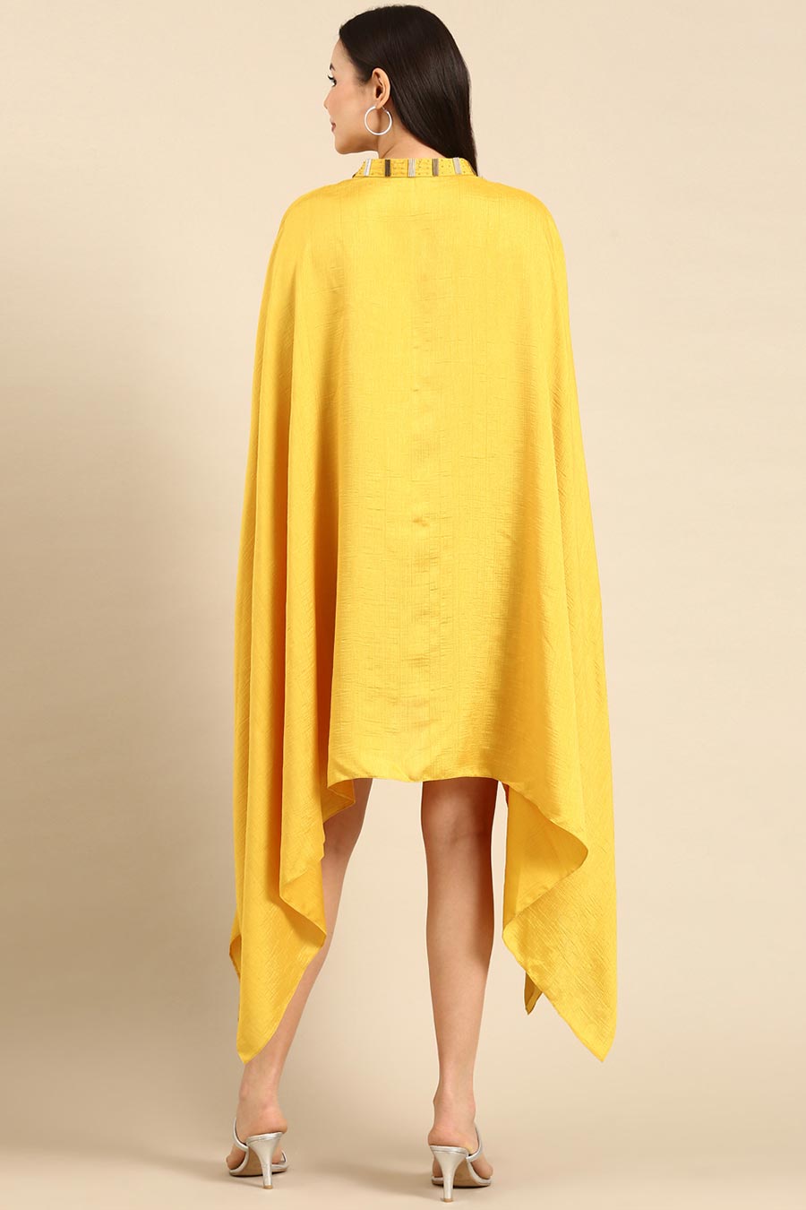 Yellow Slub Silk Kaftan Short Dress