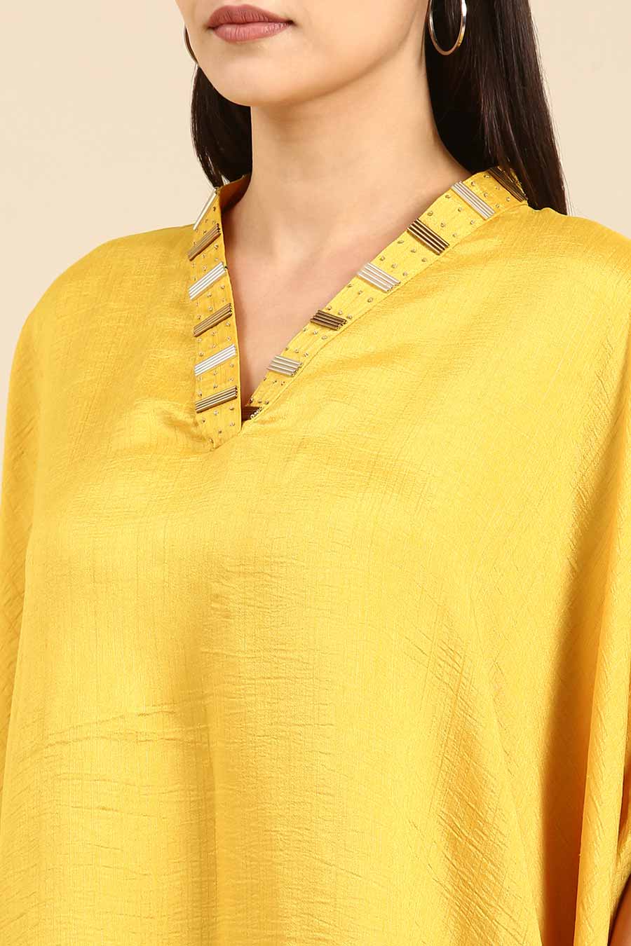 Yellow Slub Silk Kaftan Short Dress