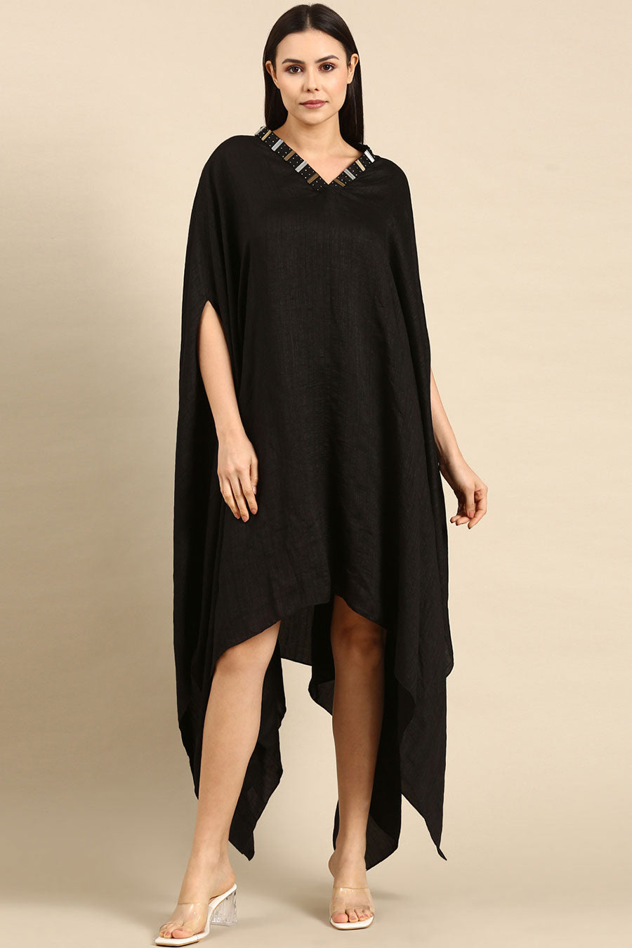 Black Slub Silk Kaftan Short Dress