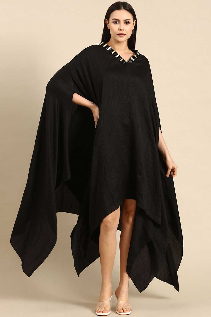 Black Slub Silk Kaftan Short Dress