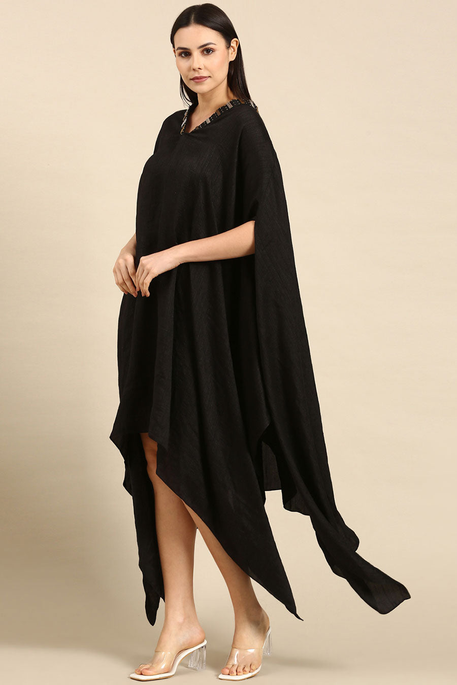 Black Slub Silk Kaftan Short Dress