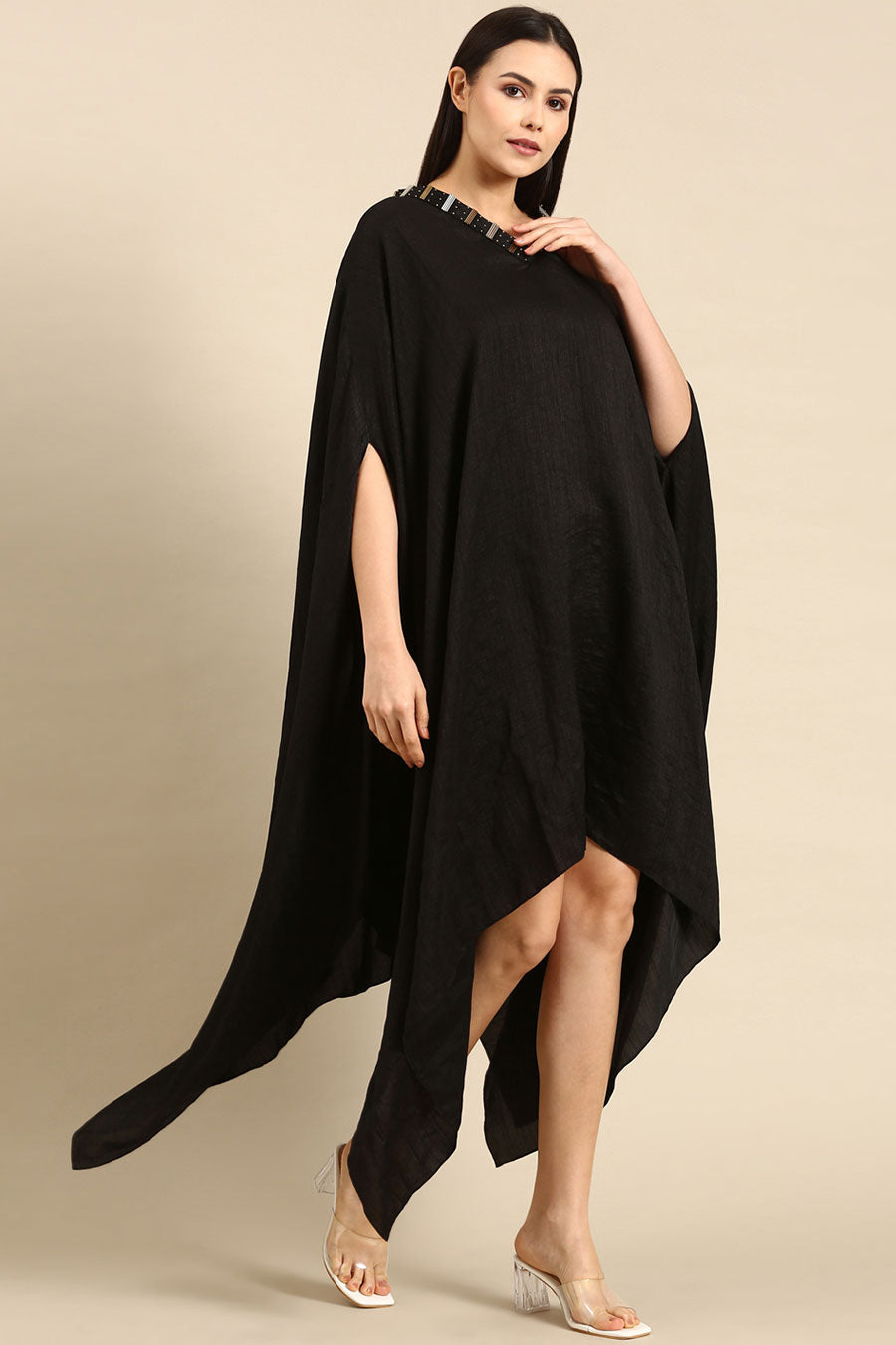 Black Slub Silk Kaftan Short Dress