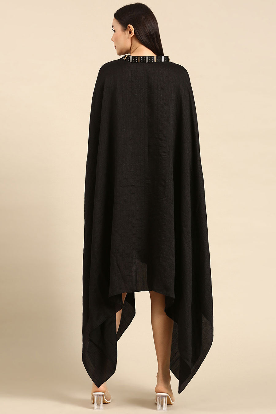 Black Slub Silk Kaftan Short Dress