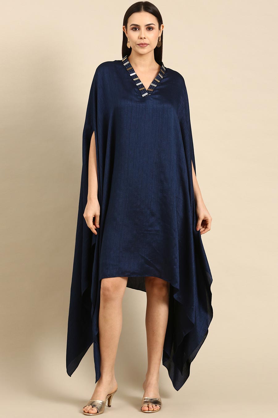 Blue Slub Silk Kaftan Short Dress