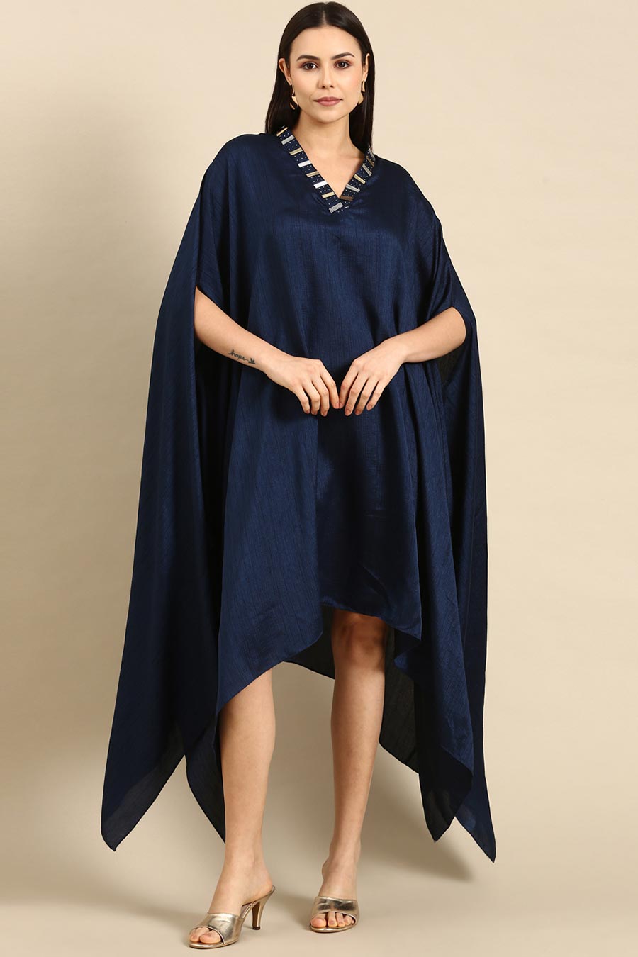 Blue Slub Silk Kaftan Short Dress