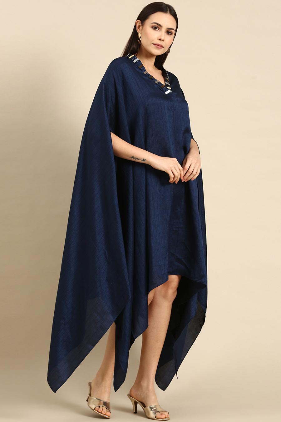 Blue Slub Silk Kaftan Short Dress