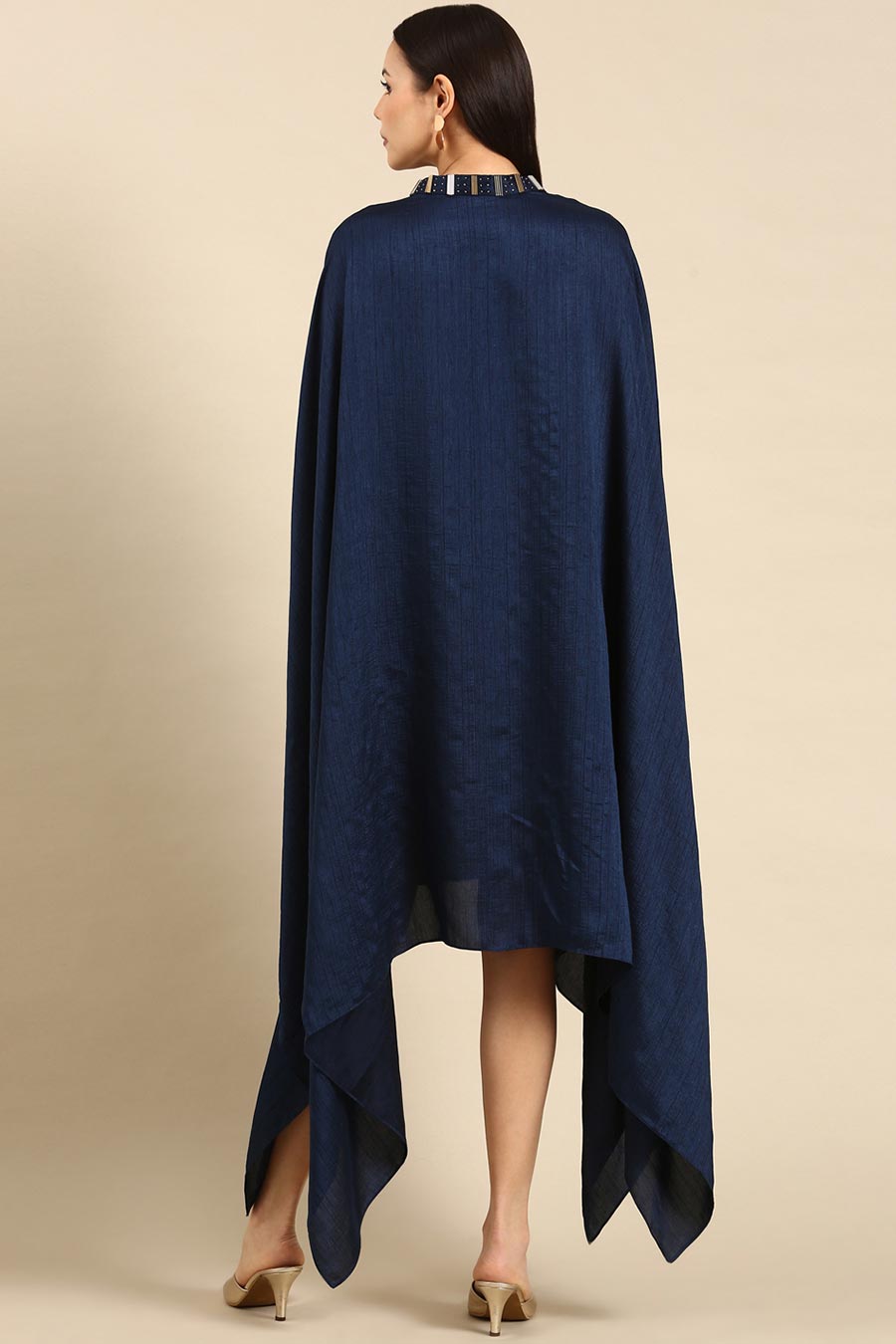 Blue Slub Silk Kaftan Short Dress