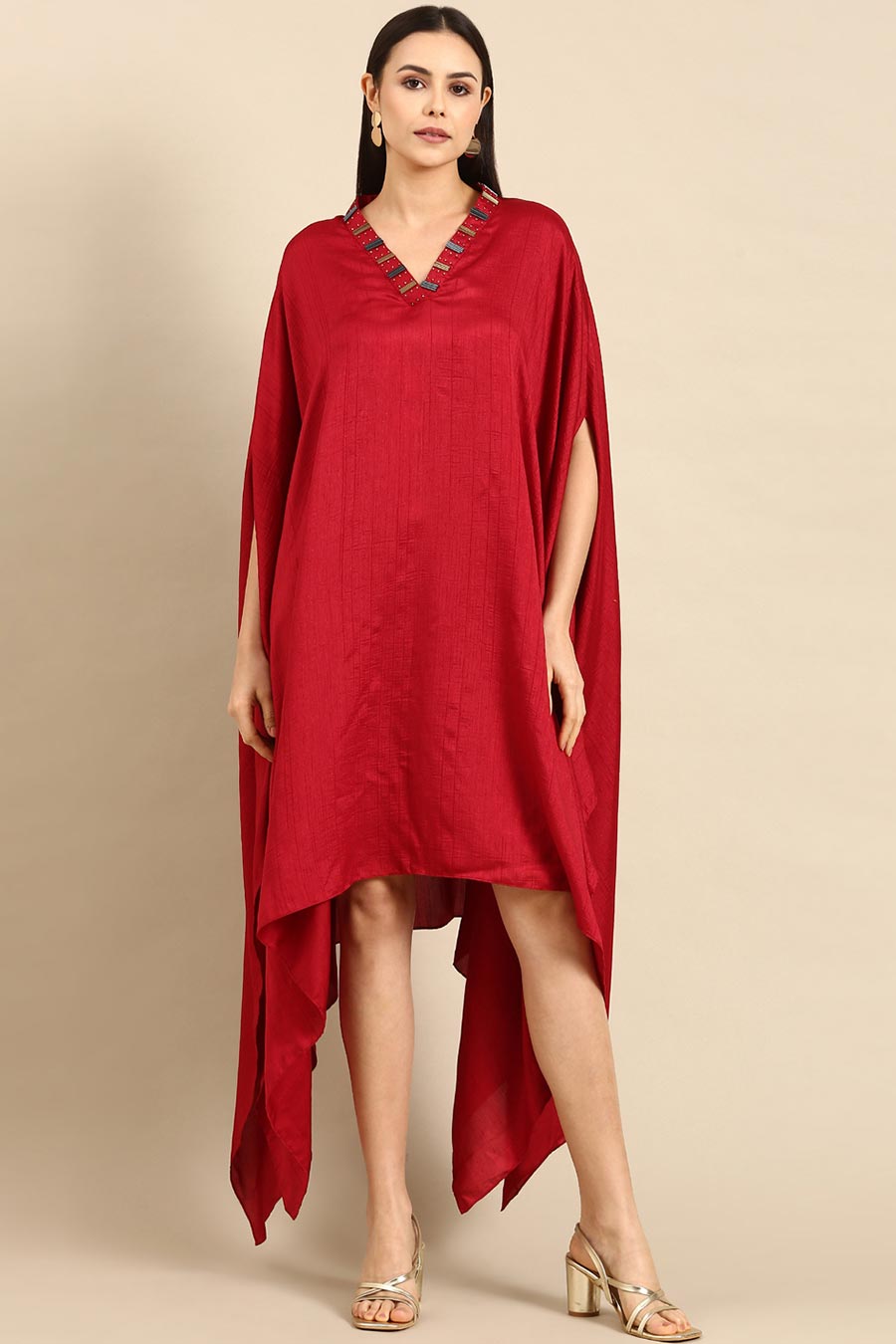 Red Slub Silk Kaftan Short Dress