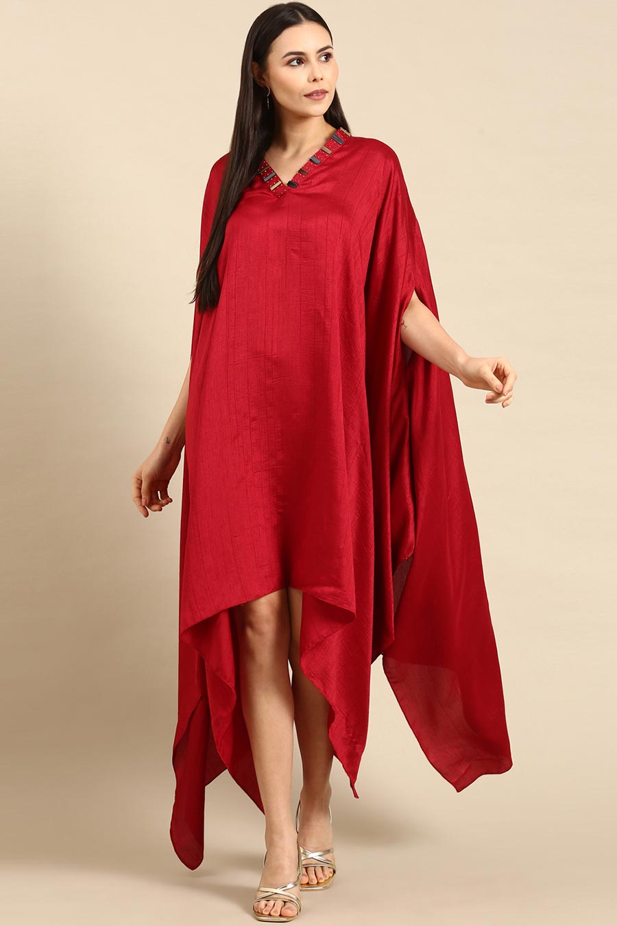 Red Slub Silk Kaftan Short Dress