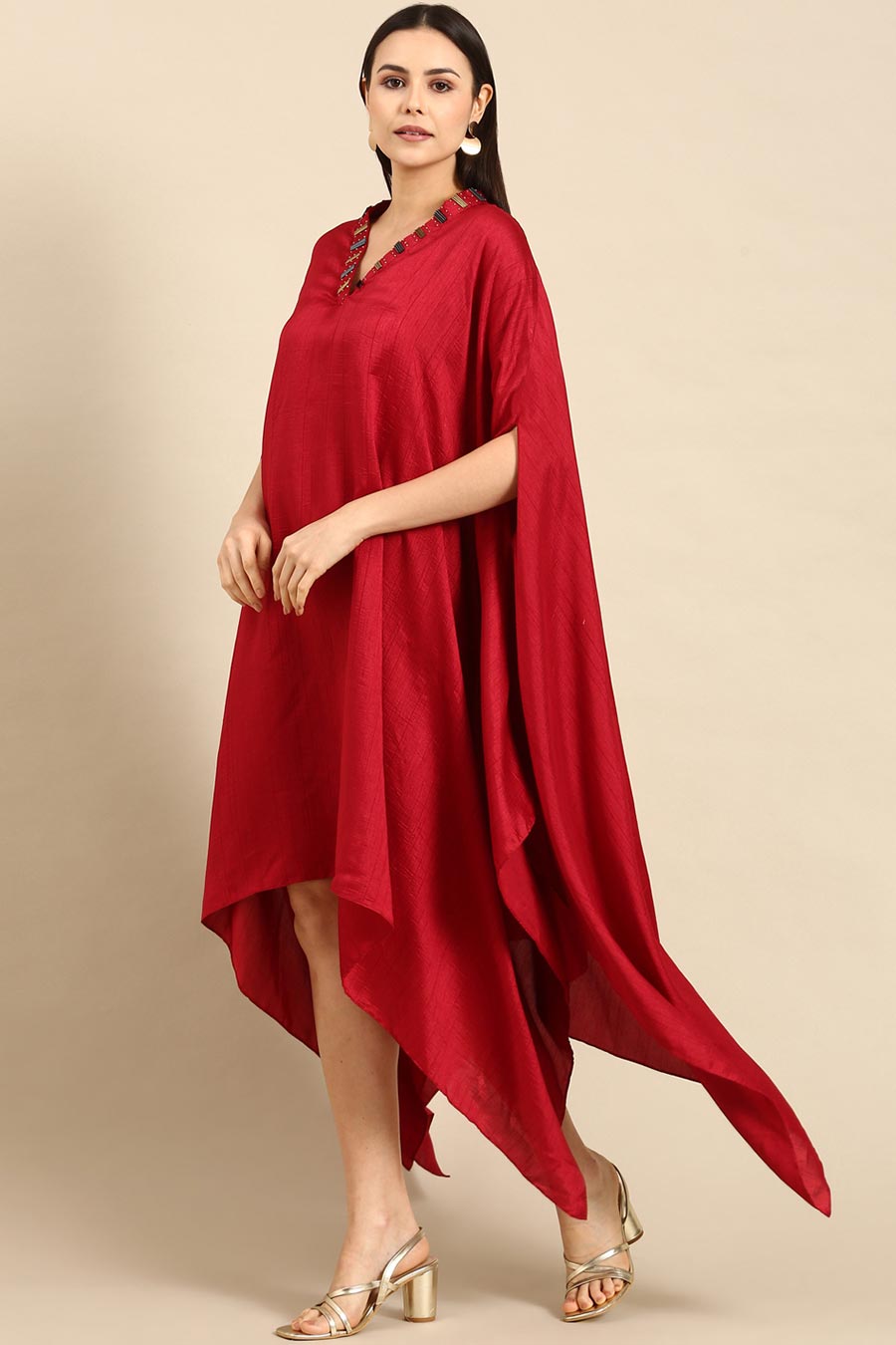 Red Slub Silk Kaftan Short Dress
