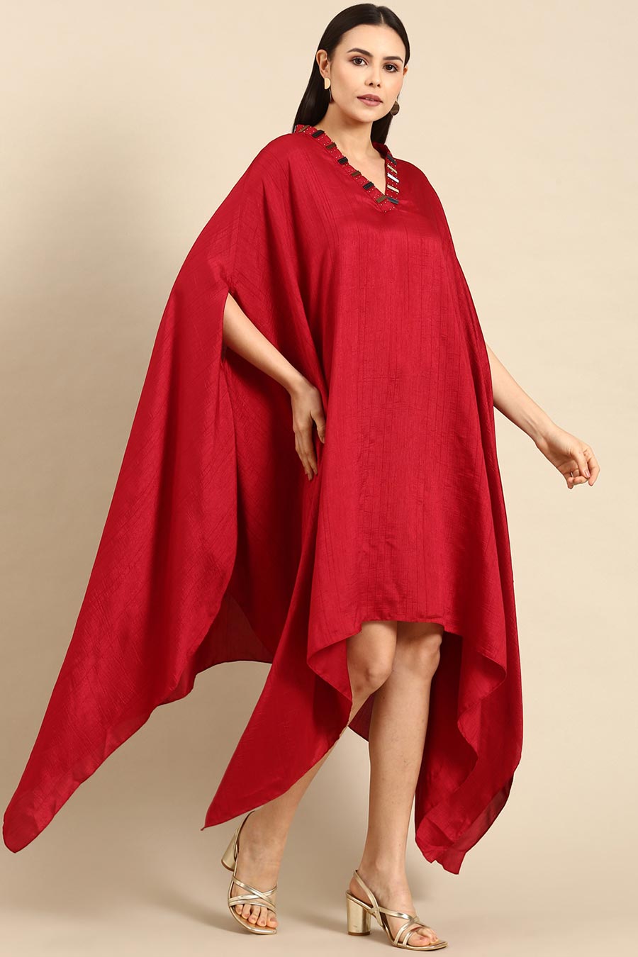 Red Slub Silk Kaftan Short Dress