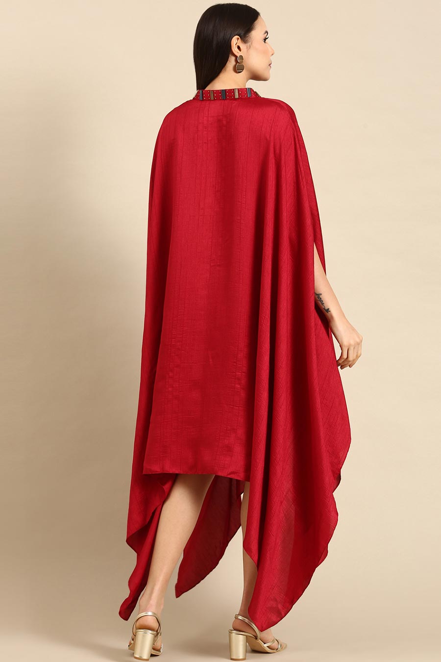 Red Slub Silk Kaftan Short Dress