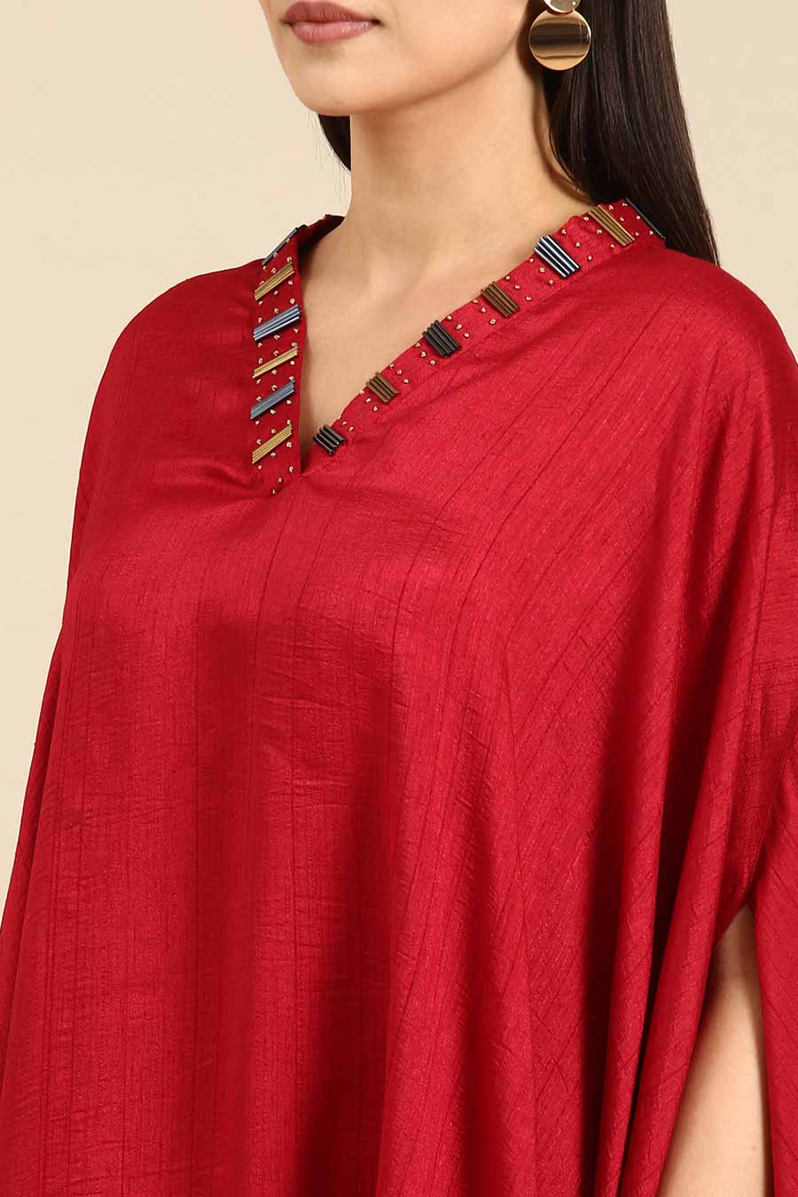 Red Slub Silk Kaftan Short Dress